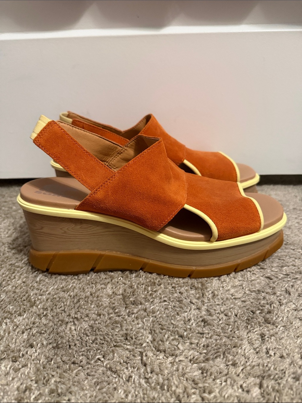 Sorel Women's Rust Suede Slingback Sandals with Pale Yellow Trim - Picture 2 of 8